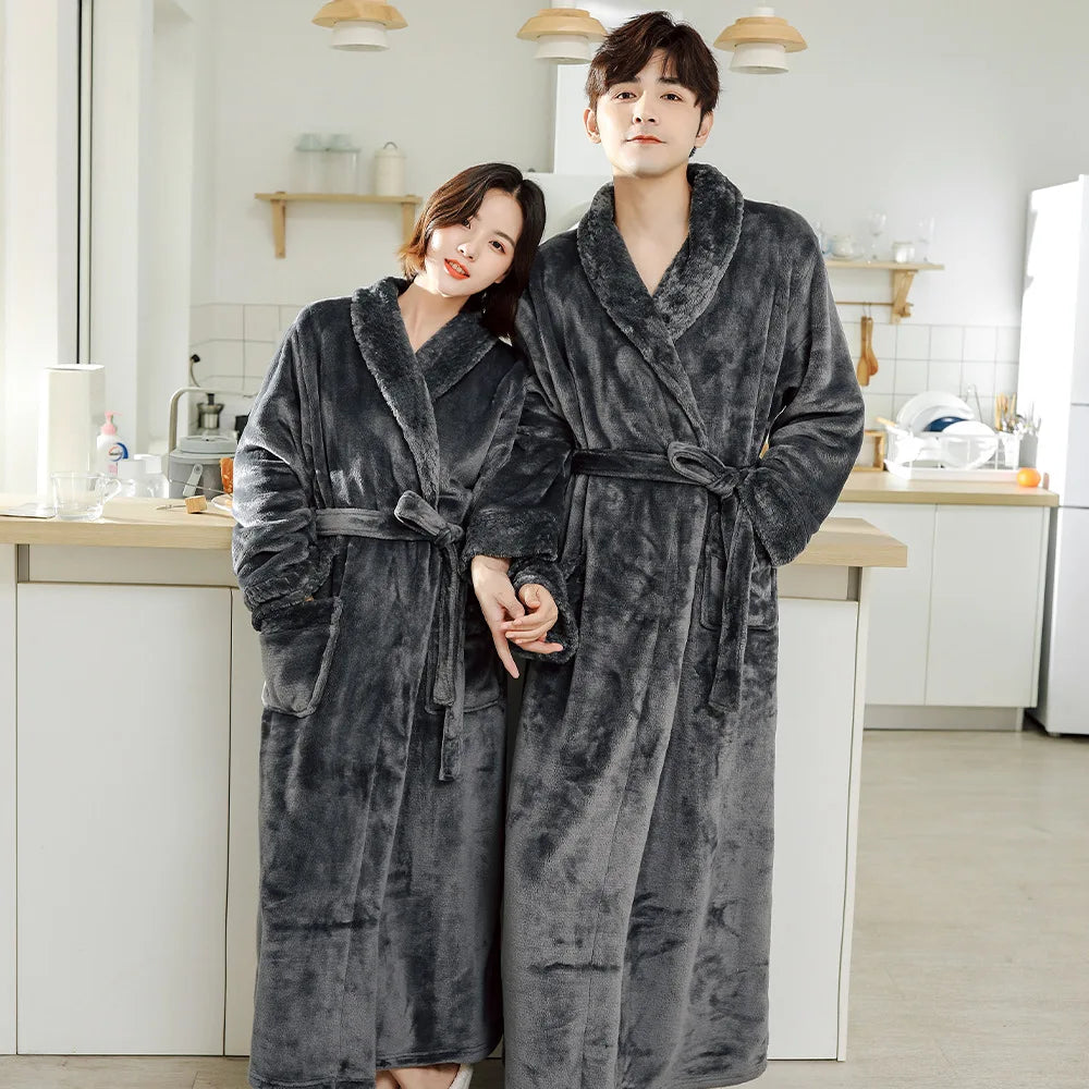 Couples Flannel Robe, Long Warm Fleece Bathrobe for Men and Women