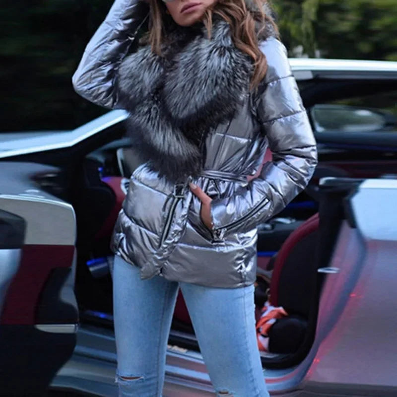 Women's Glossy Short Puffer Jacket - Large Collar Winter Coat - photo 2