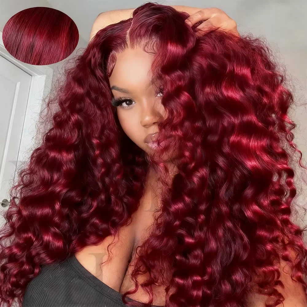 Deep Wave #99J Burgundy 13x6 HD Lace Frontal Wig Human Hair 13x4 Curly Transparent Lace Front Wig Brazilian Human Hair Wig