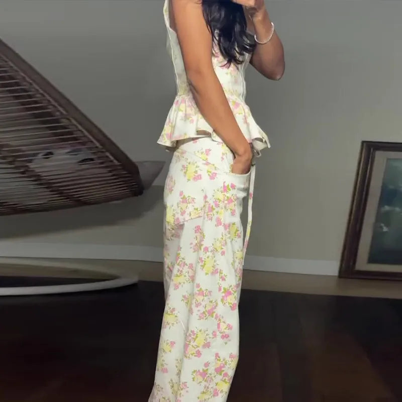 Ruffle Floral Top & Lace-Up Pants Set — Women's 2-Piece