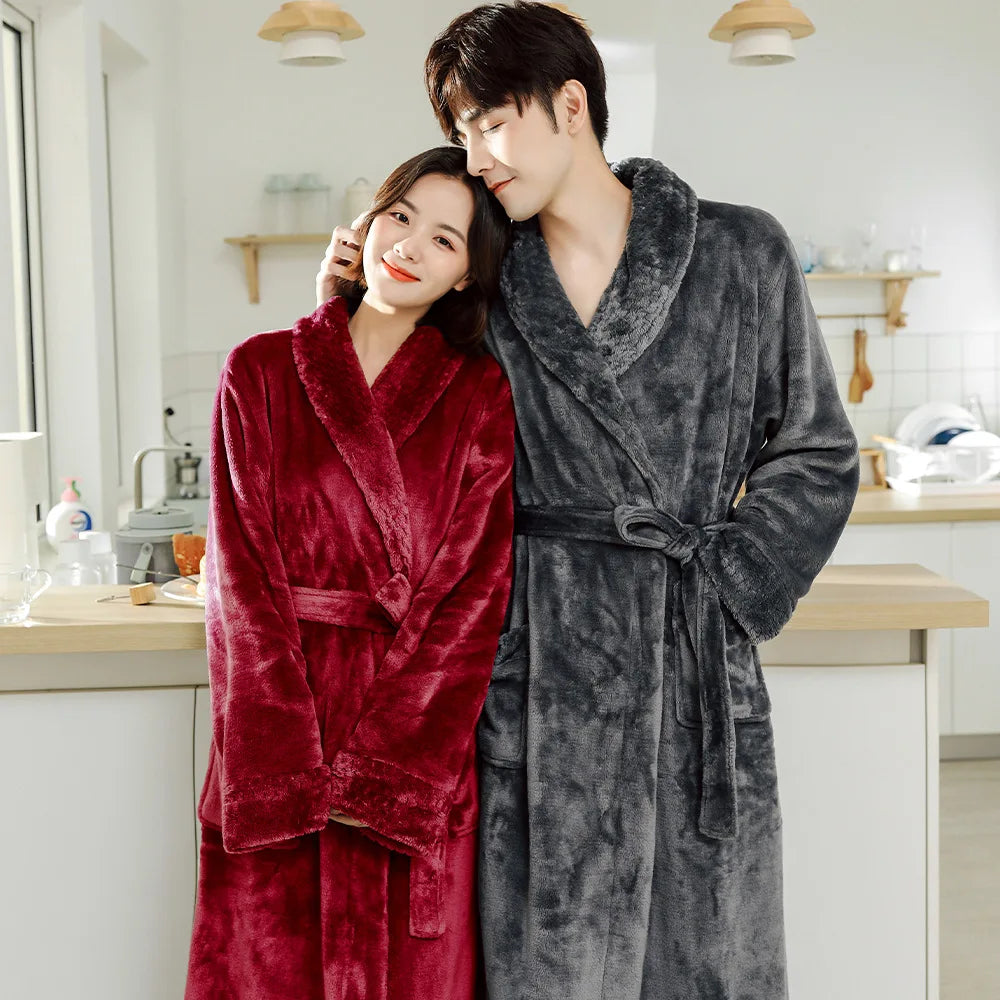Couples Flannel Robe, Long Warm Fleece Bathrobe for Men and Women