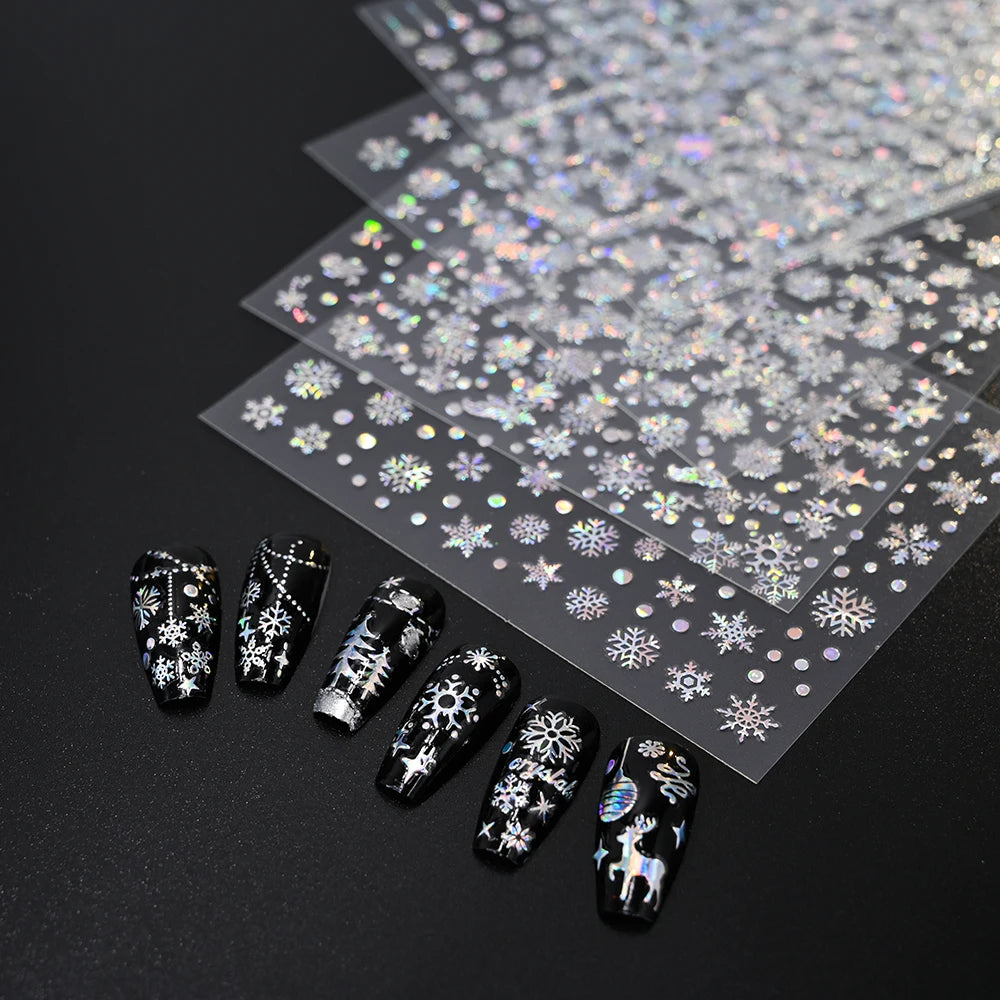 12Pcs/set Laser Silver Snowflake Nail Stickers Set  3D Winter Elk Snowflake Nail Art Decoration DIY Holographic Snowflake Slider