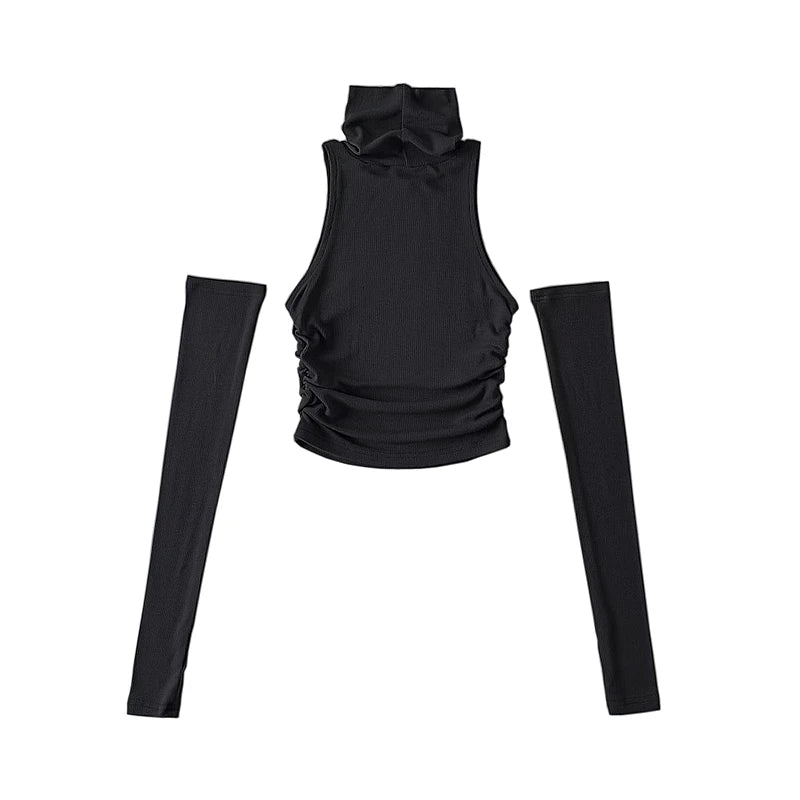 Woman Clothes Fall 2026 Tank Top Sleeve Cover Sleevless Side Pleats Turtleneck T-shirt  Sexy Ribbed Knitted Tops Y2k 2529