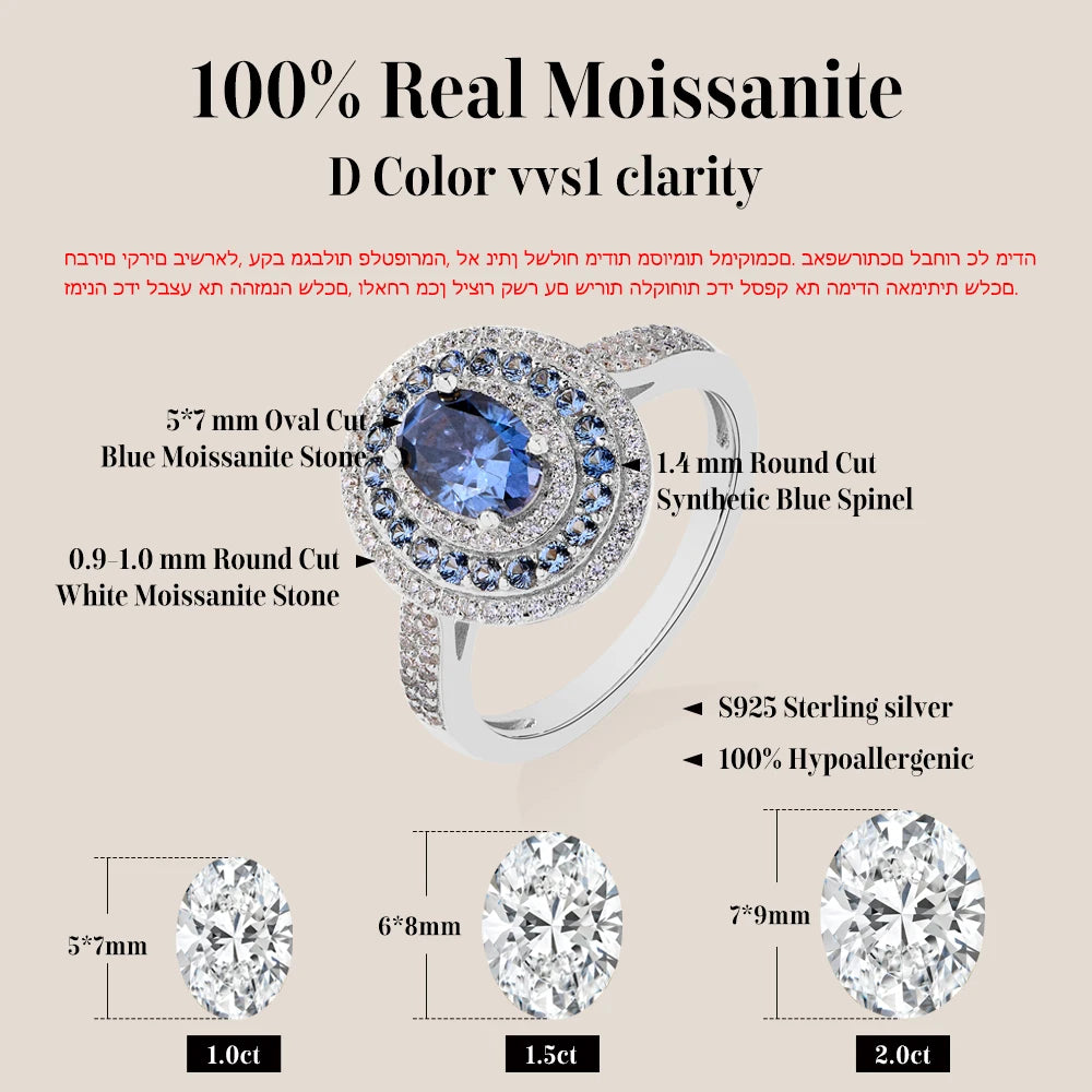 ATTAGEMS Blue Moissanite Women Rings Oval Cut 1.0CT Real S925 Sterling Silver Jewelry For Wedding Engagement Ring With Certified