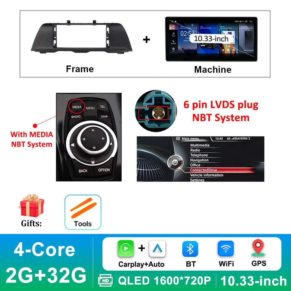 Android 16 Wireless Carplay Car Radio Multimedia Player for BMW 5 Series F10 F11 2010 - 2017 CIC NBT System QLED Screen GPS WiFi
