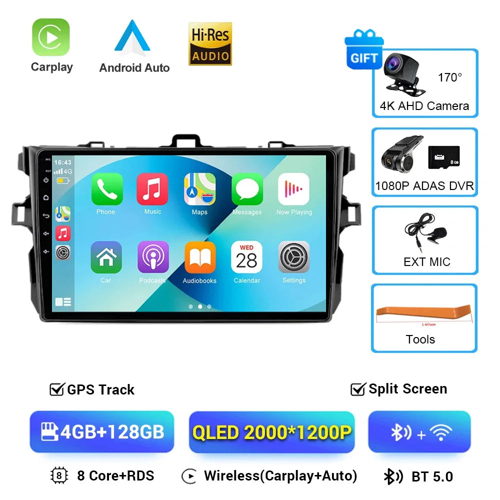 Android 16 Car Radio 4G+WIFI for Toyota Corolla E140/150 2007 2008 2009 2010 2011 2012 2013 Multimedia Player 2 Din DVD Speakers
