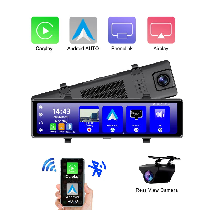 Acceo 4K WIFI Dashcam RearView Mirror DVR Support Rear View Camera Wireless Carplay Android Auto Video Recorder Camera Black Box