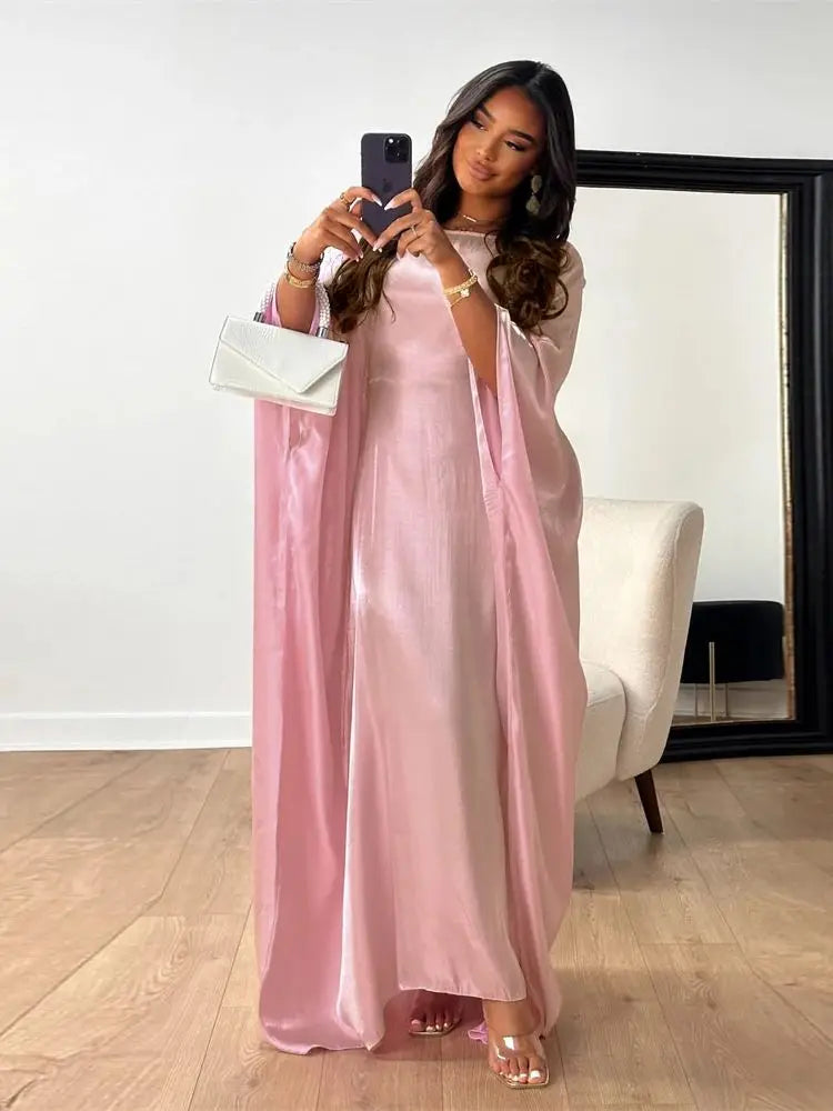 Shimmer Batwing Satin Abaya – Luxury Muslim Kaftan Dress for Eid & Ramadan