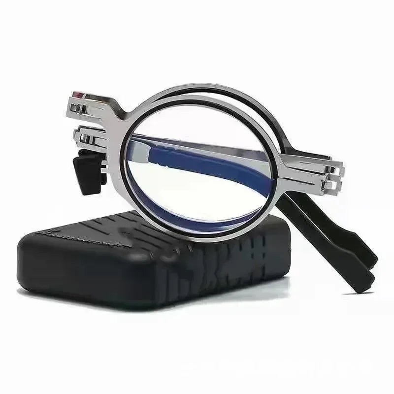 Portable Folding Reading Glasses with Case — Metal Frame, Blue Light Filter, Unisex