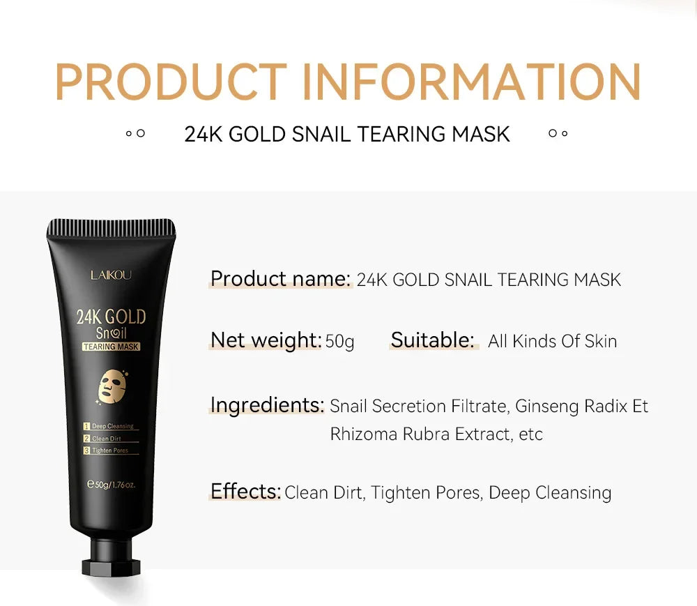 LAIKOU 24K Gold Snail & Collagen Peel-Off Face Mask 50g – Deep Cleansing, Blackhead Removal, Oil Control & Deep Hydration for Women
