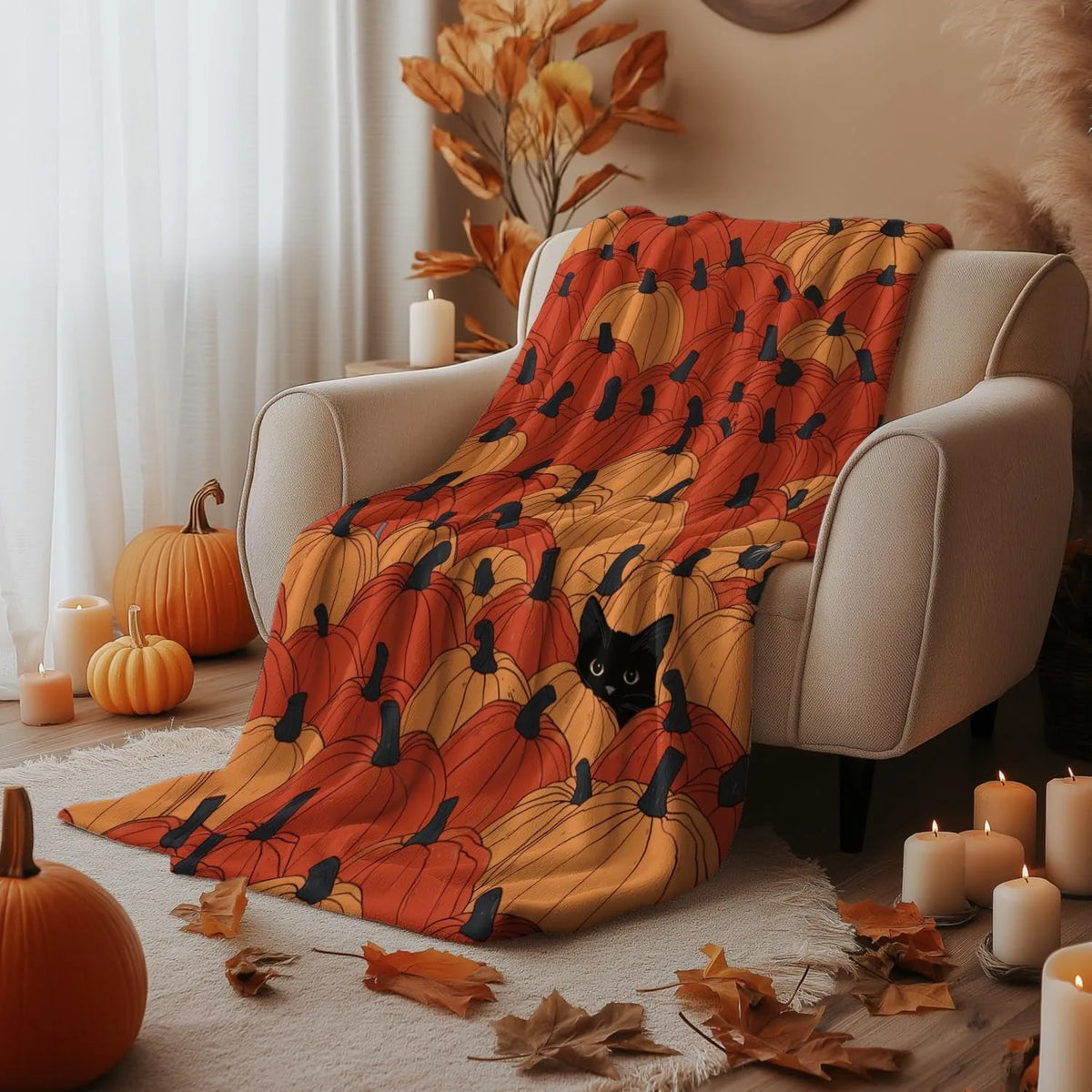 Halloween Pumpkin and Black Cat Flannel Blanket