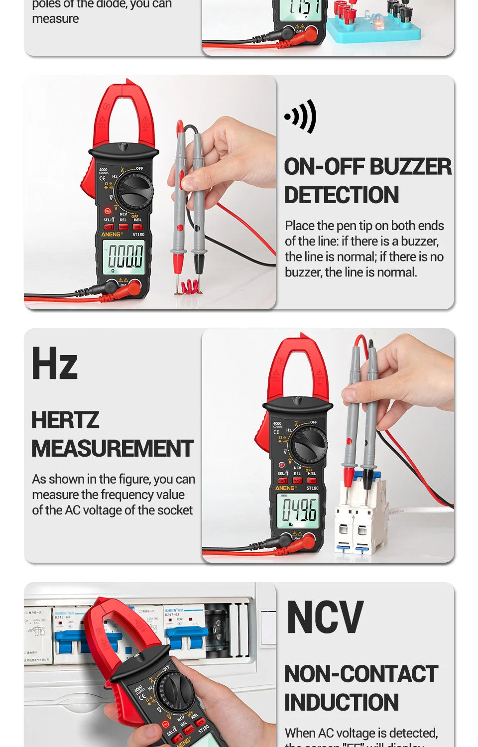ANENG ST180 AC Current Clamp Meter  Digital 4000 Counts Multimeter Ammeter Voltage Tester Car Amp Hz Capacitance NCV Ohm Tool