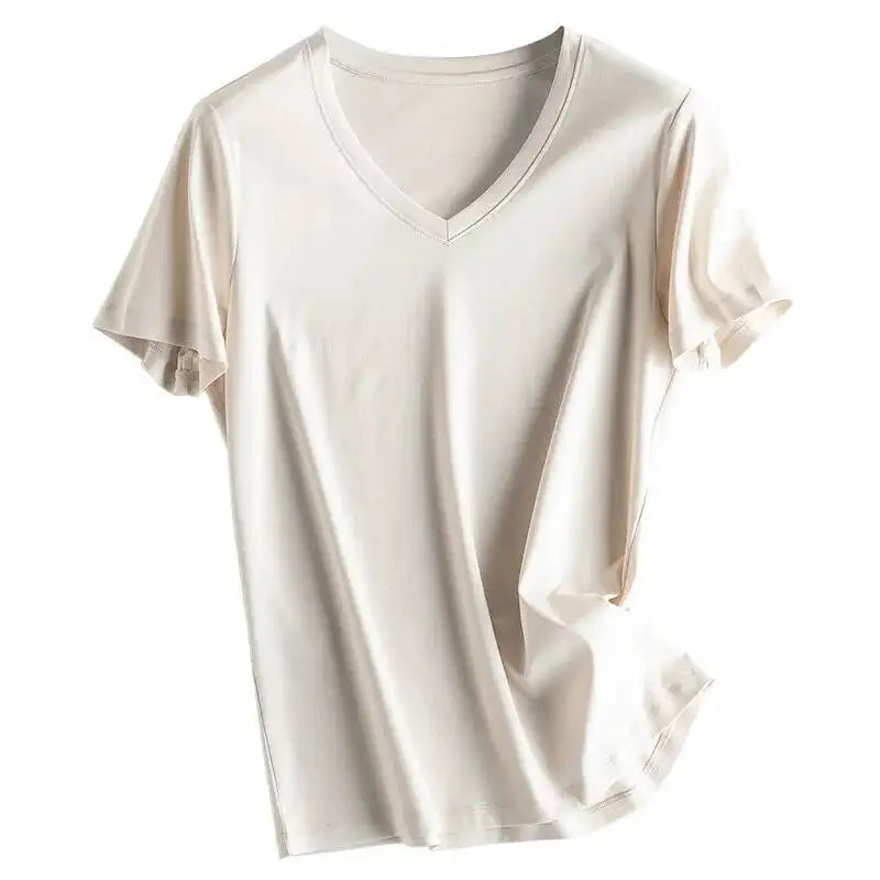 Women's Luxury Mulberry Silk Cotton T-Shirt – Loose Round Neck Short Sleeve Solid Basic Top