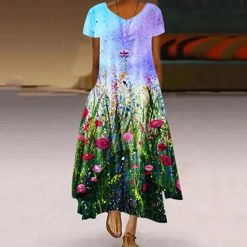 Women's Dandelion-Print Dress - Short Sleeve, Casual Summer Midi