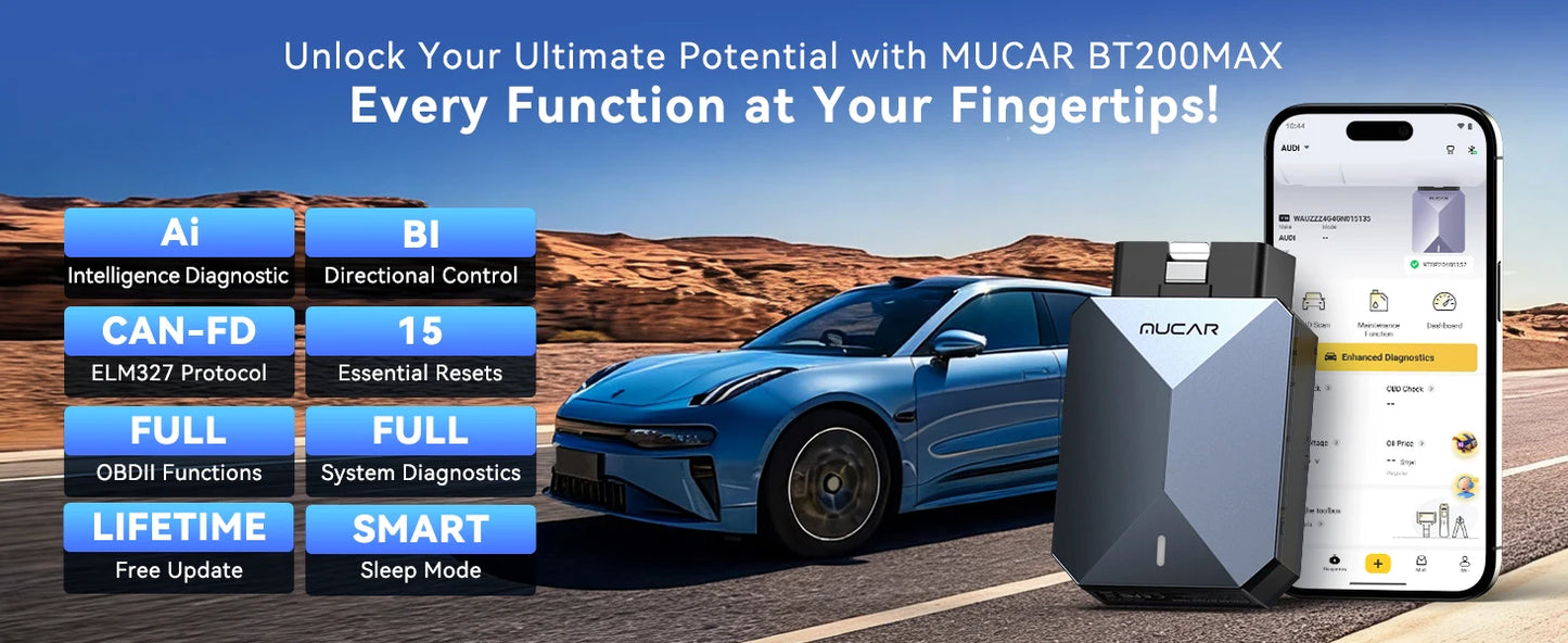 Lifetime Free Update MUCAR BT200 Max OBD2 Scanner CAN FD Bi-Directional Control All System Diagnostic Tool 15 Reset for All Cars