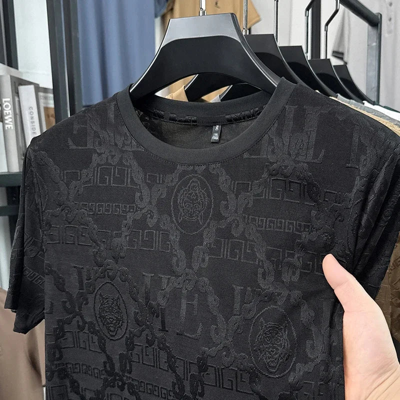 Men's Ice-Silk Mesh Tee - Jacquard Crew Neck, Slim Breathable