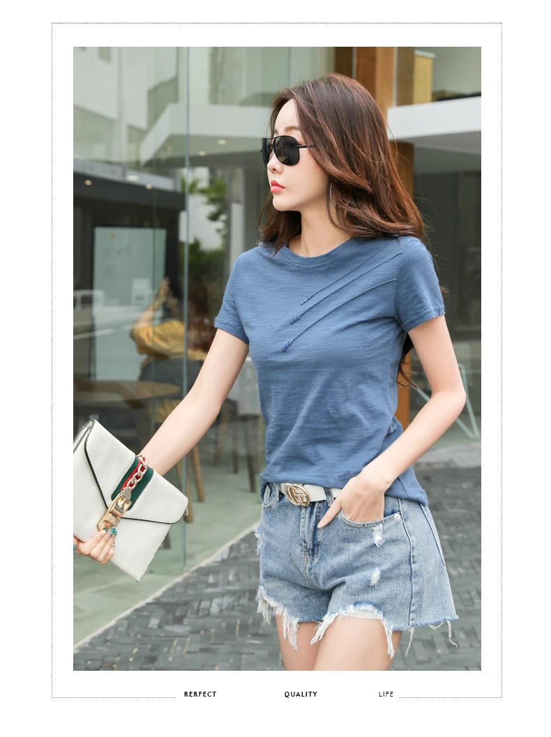 Women's Slub Cotton Button Tee — Loose Crew Neck