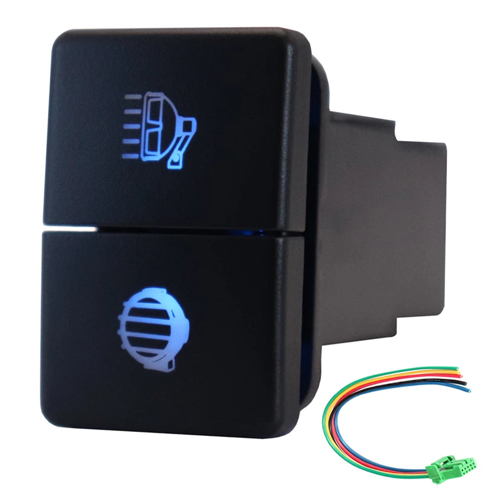 12V Dual Push Button Switch ON-Off Blue/Green Backlit 32.5mm X 22mm for Toyota 4Runner Hilux Prado RAV4, with Connector Wire