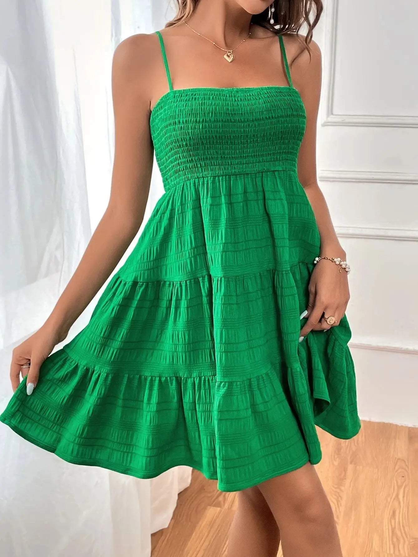 Women's Smocked Tiered Mini Dress — Spaghetti-Strap Ruffle Swing Beach Dress