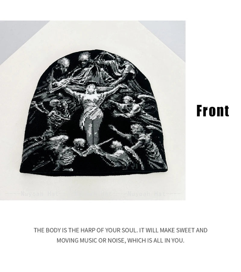 Angel Skull Jacquard Beanie, Unisex Knit Hat