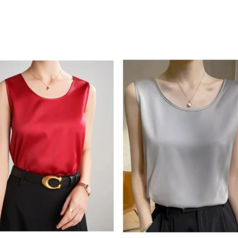 Summer Satin Mulberry Silk Tank Top Casual Versatile Champagne Tops Woman 2026 New Fashion Elegant Vest Loose Sleeveless T-shirt