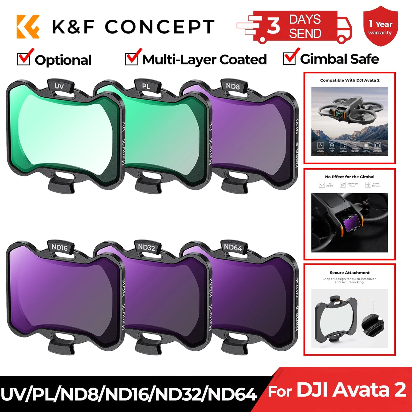 K&F CONCEPT Filter Set for DJI Avata 2 Filter UV/CPL/ND8/ND16/ND32/ND64 Multi-Layer Coated Drone Lens Camera Filters Accessories