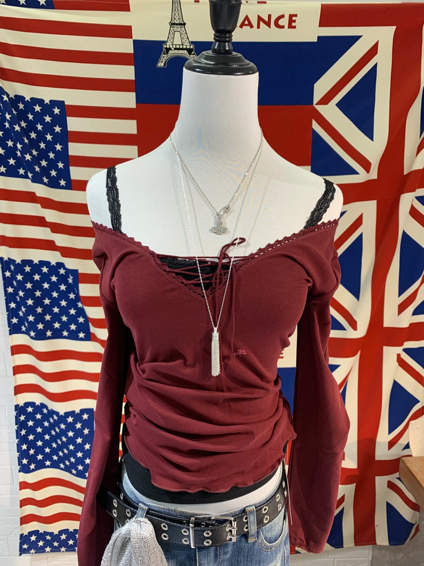 Bandage Lace Trim Long Sleeve T-shirt Autumn Sexy V-neck Cotton Slim Tshirt Top Female Casual Simple Solid Elegant Woman's Tees