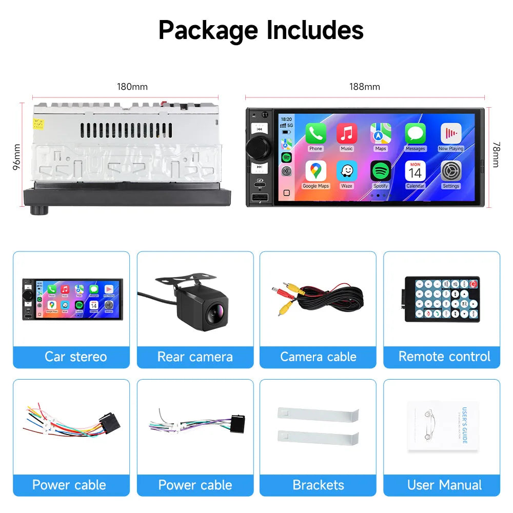 6" 1 DIN Universal Car Stereo with Apple CarPlay & Android Auto (MP5)