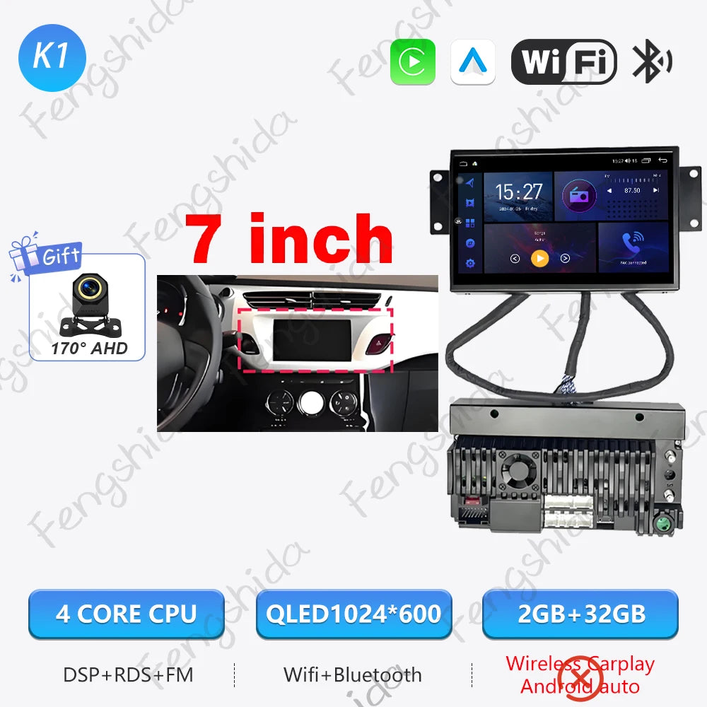 7" Android Car Stereo for Citroen C3 & DS3 (2010–2016) — CarPlay, Android Auto, GPS, WiFi