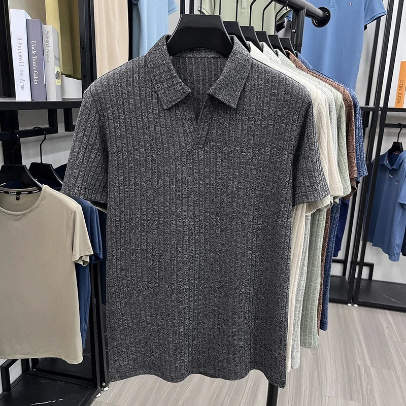 Men's Knitted Polo Tee - V-Neck Stripe, Lightweight Breathable