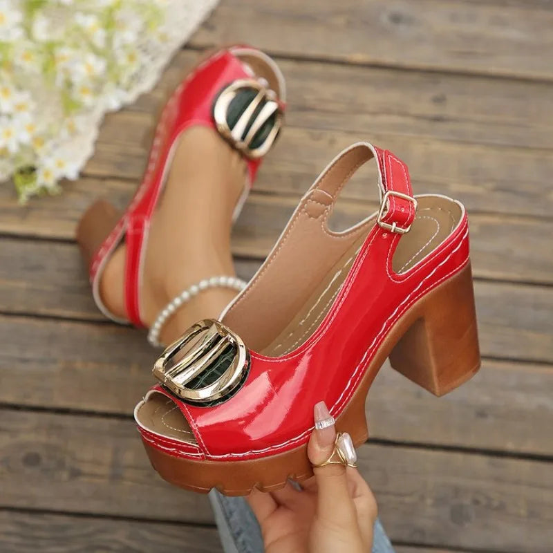 Summer New Women's Fashion Metal High-heeled Sandals Gladiator Casual Versatile Fish Mouth Sandals Roman High Heels Women Shoes