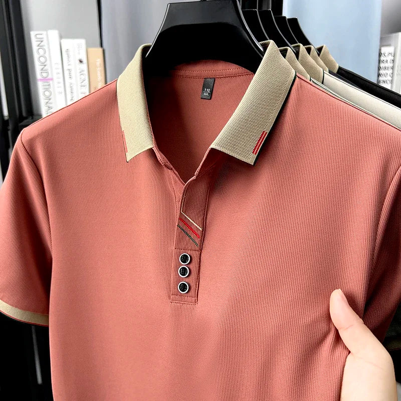 Men's Lapel Polo - Decorative Stripe Placket, Breathable Mesh