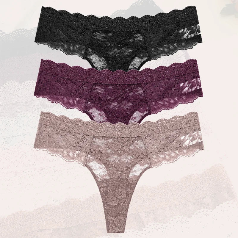 3-Pack Floral Lace Thongs – Soft Low-Rise Seamless Panties