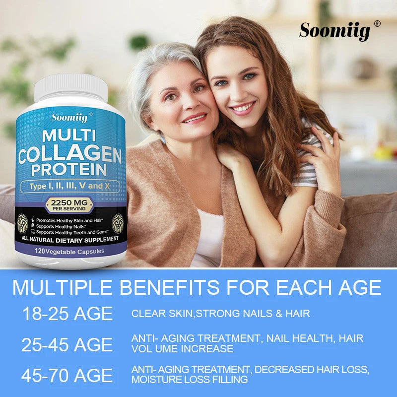 SOOMIIG Multi-Collagen Peptides Capsules – Types I II III V X | Hair, Skin, Nails, Joints & Gut Health | Gluten Free, Non-GMO | 30/60/120 Count