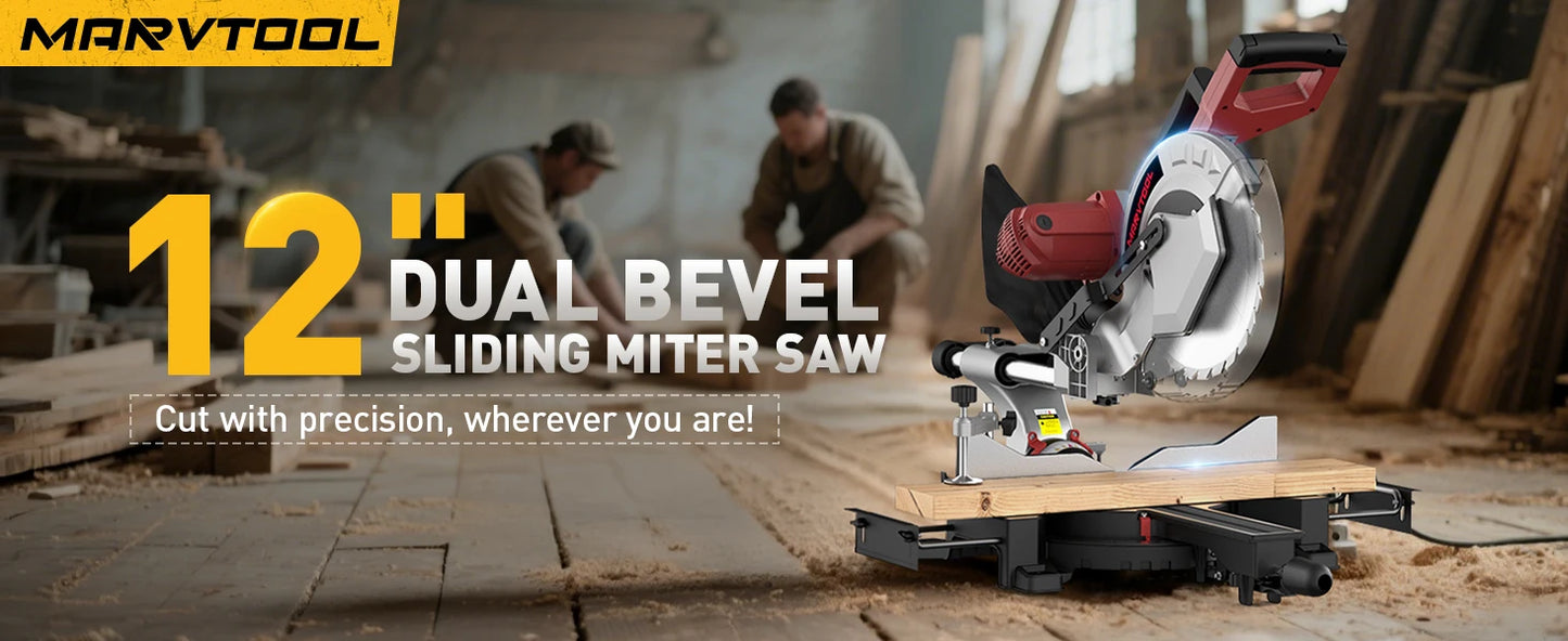 10/12 Inch Sliding Compound Miter Saw – 15 Amp, 5000RPM, 0-45° Dual-Bevel Precision Cutting Power Saw