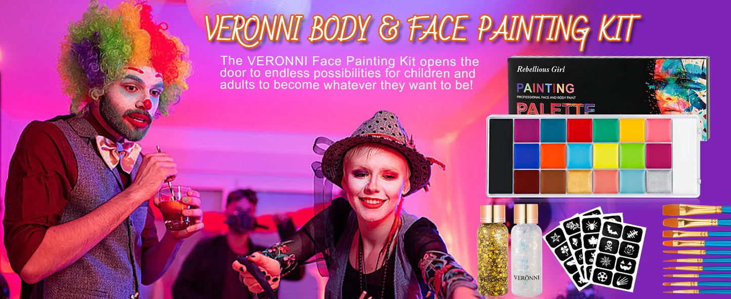 Face Body Paint Palette Oil Makeup Set 20 Colors SFX Halloween Party Painting with 10 pcs Artist Paintbrushes,Tattoo Stencil kit
