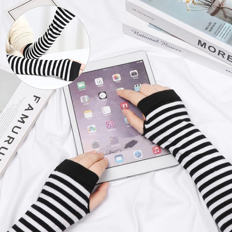 Women's Striped Knit Arm Warmers - Long Fingerless Gloves - photo 6