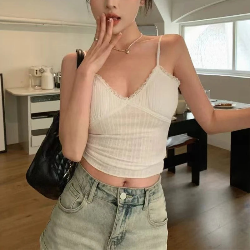 Korean Lace Deep-V Tank Top — Women's Padded Crop Camisole
