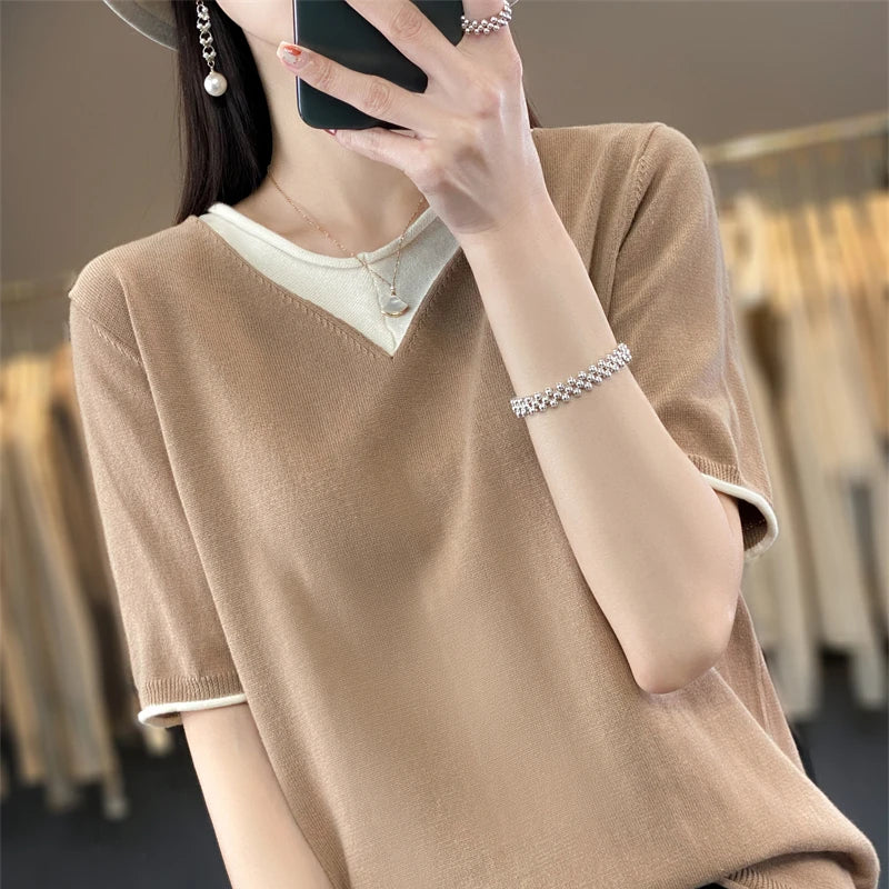 Pure Cotton Hollow Short-Sleeved Ladies Spring And Summer Loose Slim New Joker Knit Bottoming T-Shirt