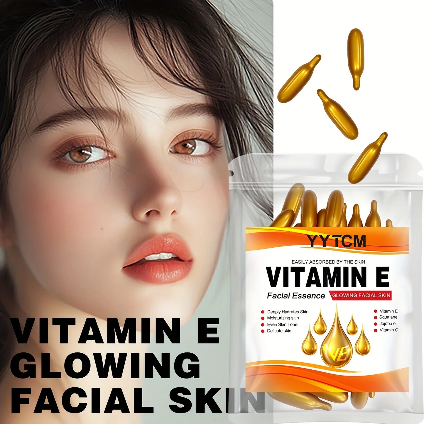 Vitamin E Deep Moisturizing Capsule Essence, Hydrates and Smooths Skin, Contains Plant-Based Squalane, Vitamin C, Deep Hydration and Skin Brightening Essence (0.4Gx30 Capsules)/Bag-1 Bag