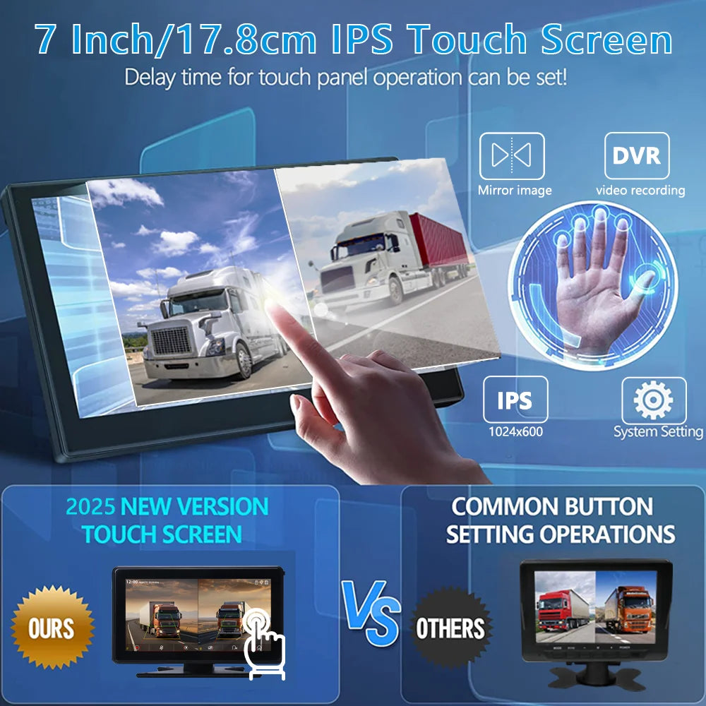 7 inch Truck DVR System BSD Sound and Light Alarm 2CH 1080P Night Camera Touch Screen MP5 BT AHD Monitor 24H Parking Recorder