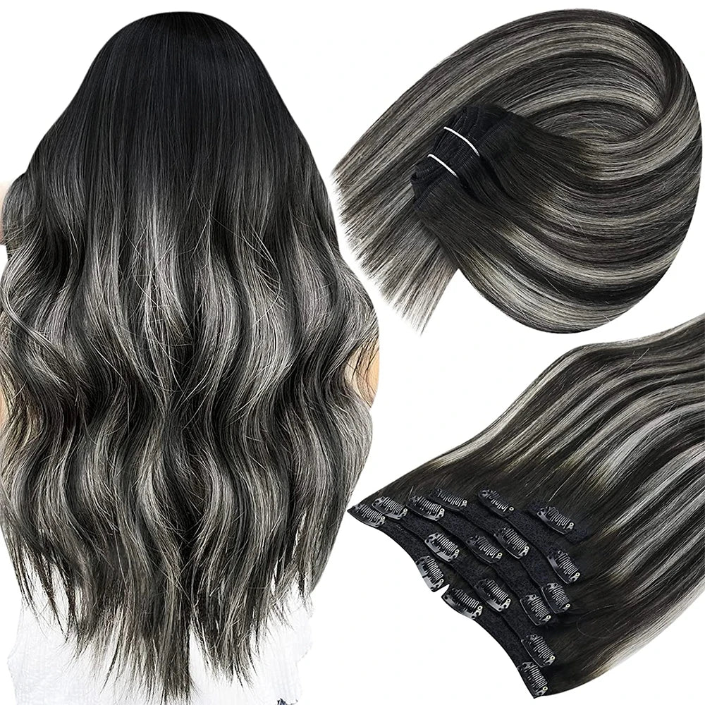 VeSunny Clip in Hair Extension Human Hair Balayage Natural Human Hair Extension Human Hair Clip Extension for Women
