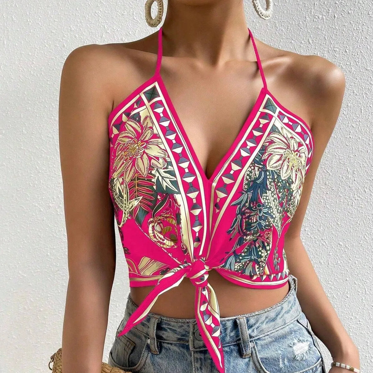 Women's printed V-neck backless halter cami — view 2 of 24