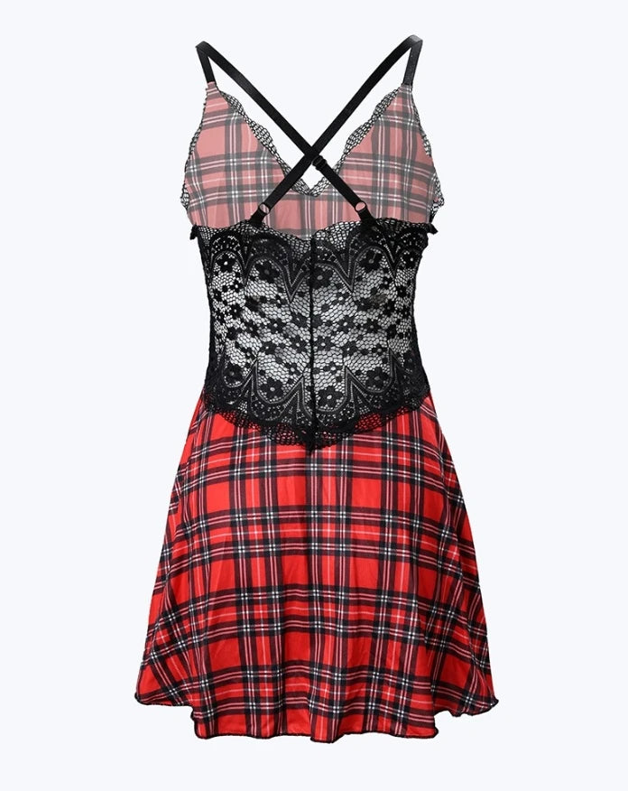 Womens Dresses 2026 Summer Plaid Print Crisscross Backless Sleep Dress Contrast Lace Plunge Sleeveless Nightgown Sleepwear