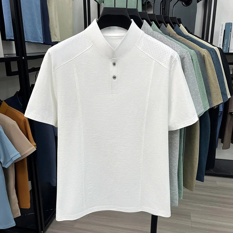Men's Mandarin Henley Tee - Hollow-Grain Shoulder, Cool Lightweight