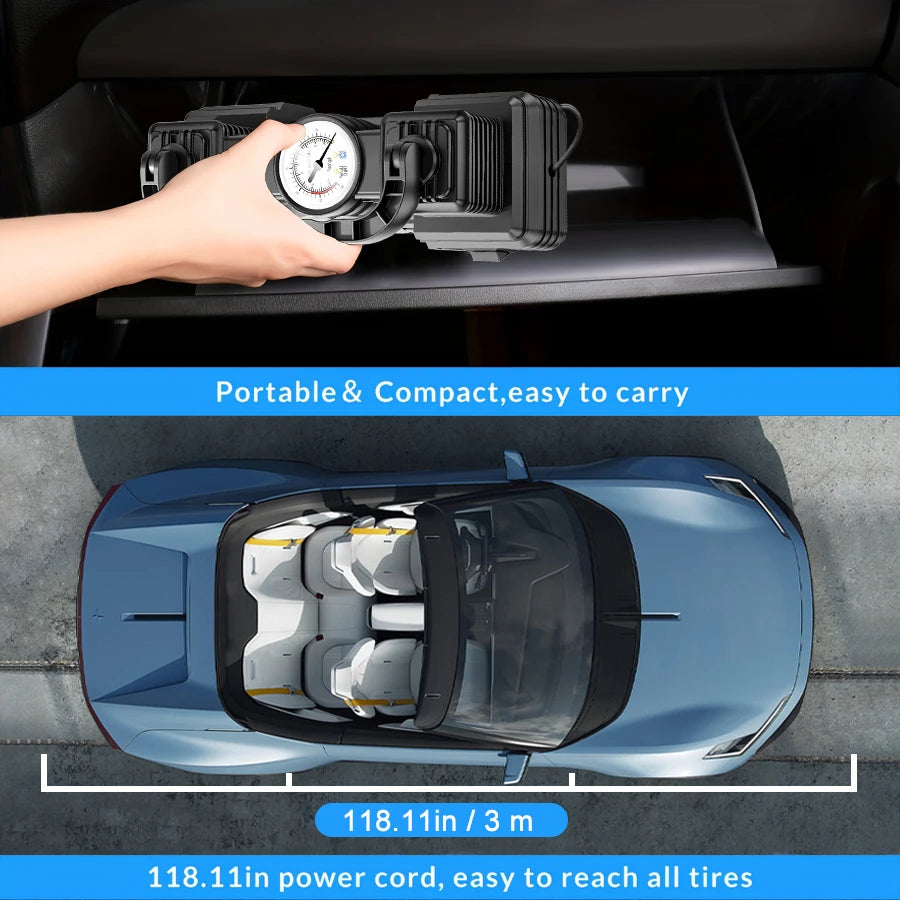 Ultra-Fast Car Tire Pump | 12V Plug-in, 5 Mins Full Inflation, Compact & Corded
