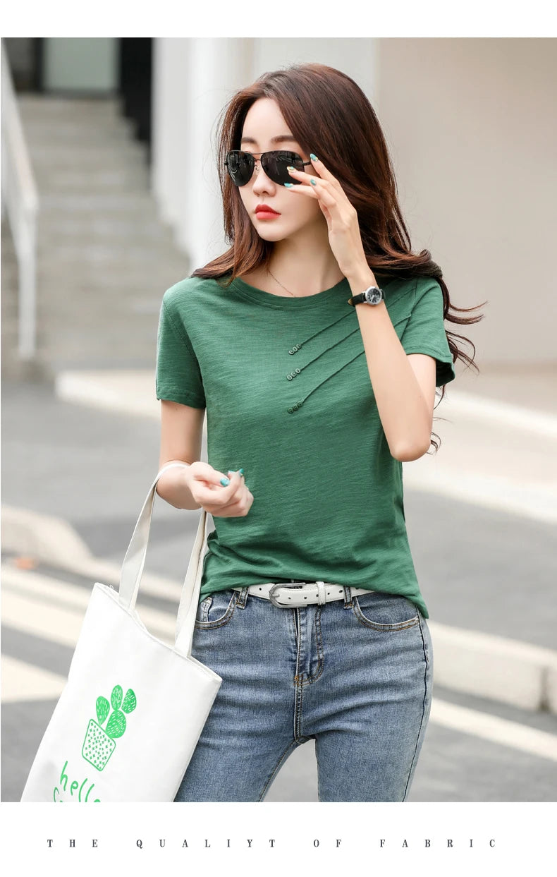 Women's slub cotton button tee, loose crew neck — view 17 of 20