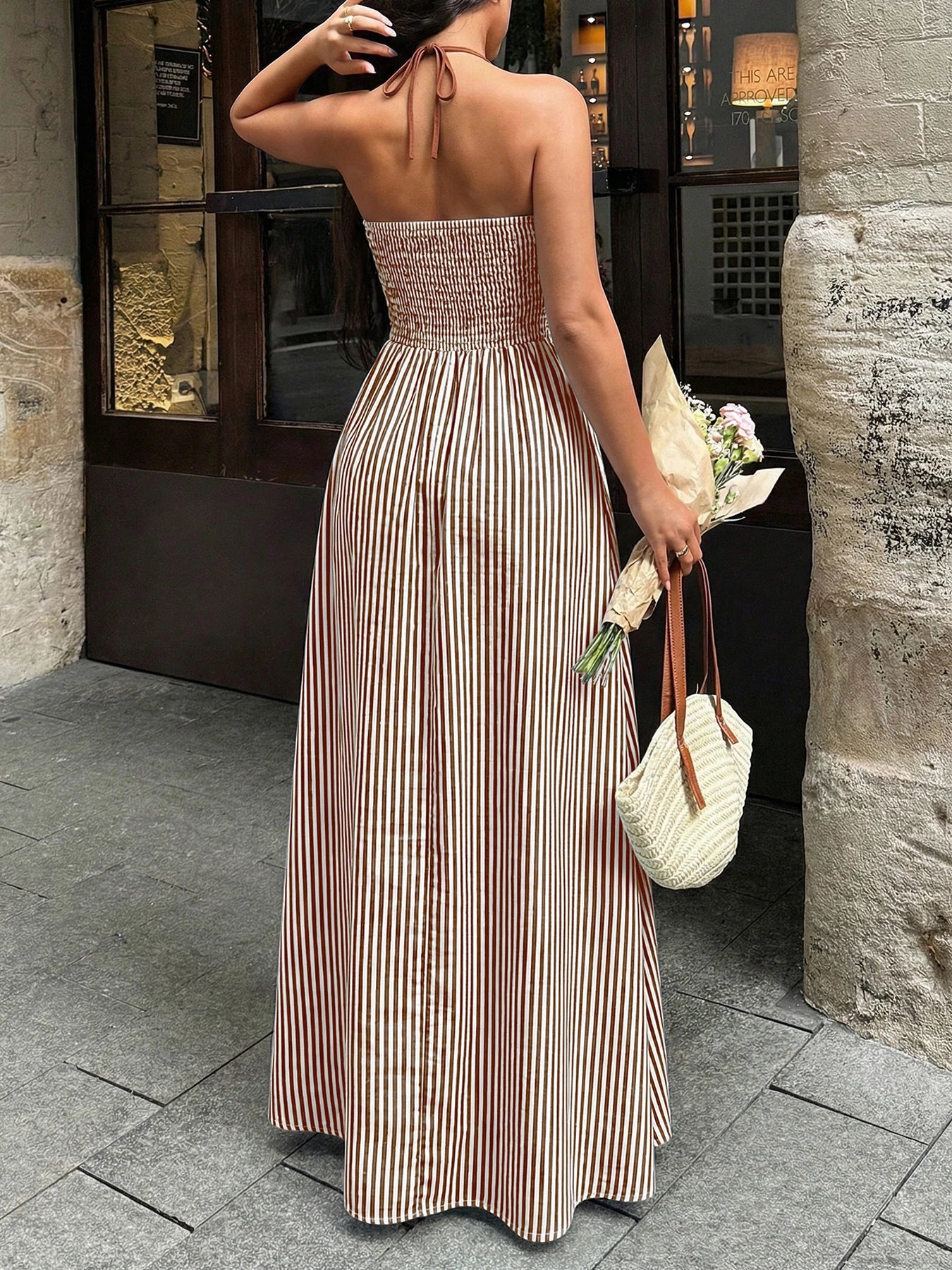 2026 Summer New Style Deep V-neck Striped Beach Dress, Sexy Backless Sleeveless Neckline Long Dress