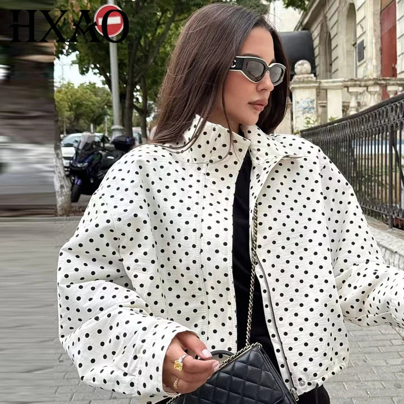 Women's Polka Dot Bomber Jacket, Oversized Zip-Up