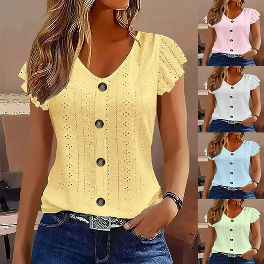 Women's Ruffle Sleeve V-Neck T-Shirt – Casual Summer Top